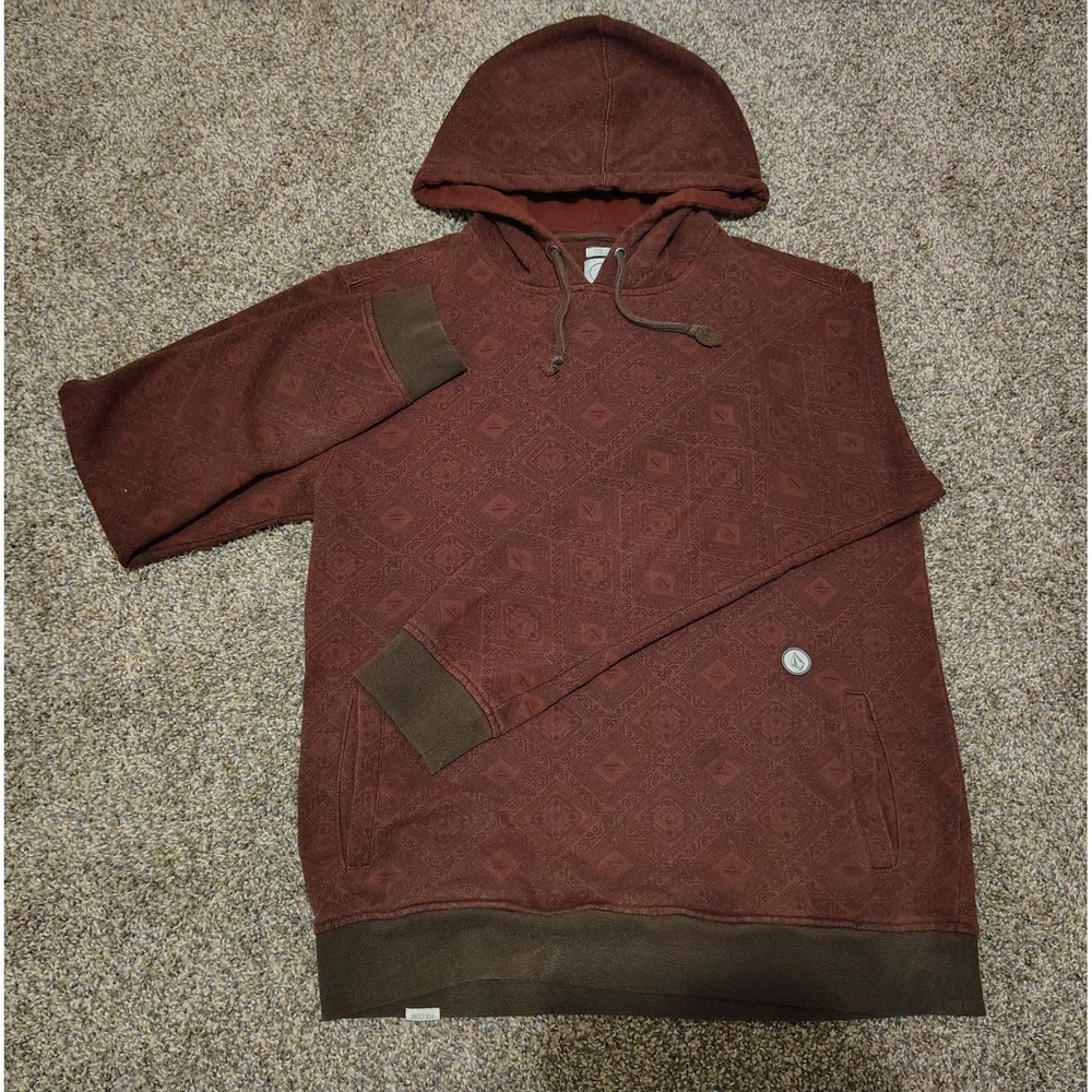 Volcom Mens Slim Fit Hoodie Burgundy Geometric Embossed Pullover Medium